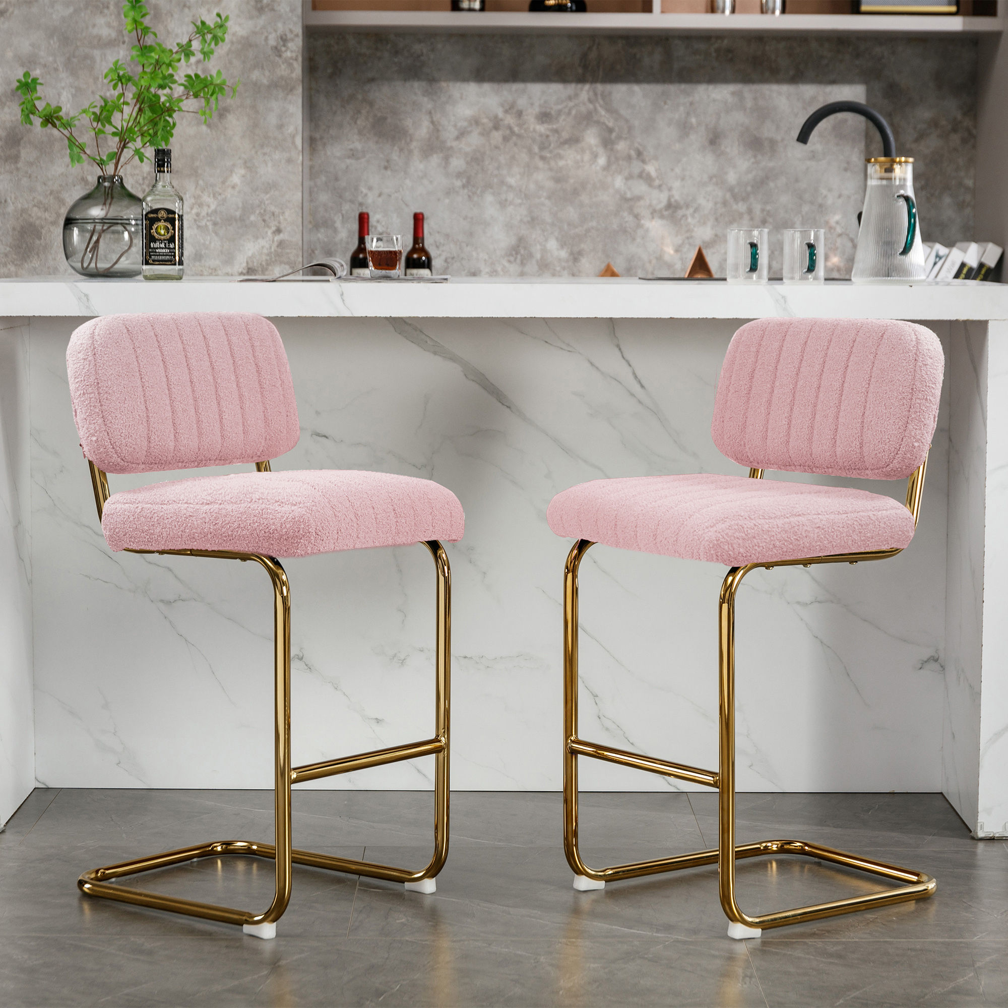 Mid-Century Modern Counter Height Bar Stools for Kitchen Set of 2, Armless Bar Chairs with Gold Metal Chrome Base for Dining Room, Upholstered Boucle Fabric Counter Stools, Pink