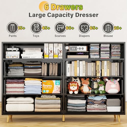 EnHomee Dresser for Bedroom, Black Dresser & Chests of Drawers, 6 Drawer Dressers with LED, Wood Dresser，Bedroom Dresser with Large Organizer，Modern Dresser Bedroom Furniture for Bedroom Closet