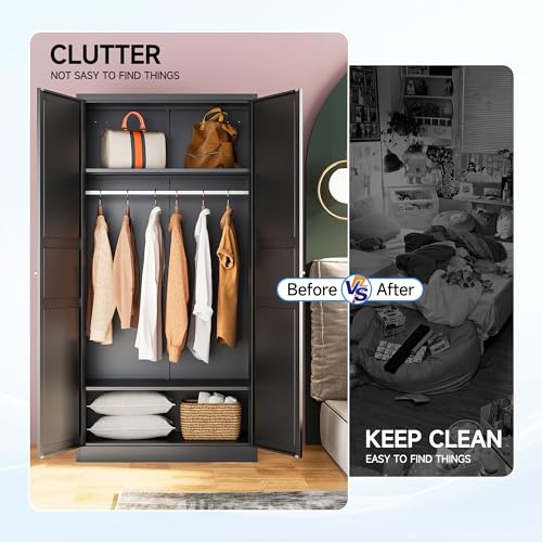 White Armoire Wardrobe Closet，71" Metal Clothing Storage Cabinets，with 2 Doors 2 Shelves Steel Wardrobe Storage，for Studio, Classroom, Garage, Gym Clothes Storage Organizer