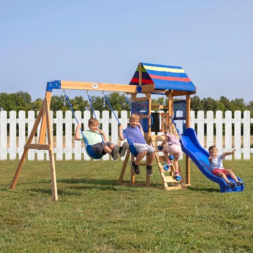 Backyard Discovery Buckley Hill Wooden Swing Set, Made for Small Yards and Younger Children, Two Belt Swings, Covered Mesh Fort with Canopy, Rock Climber Wall, 6 ft Slide Green