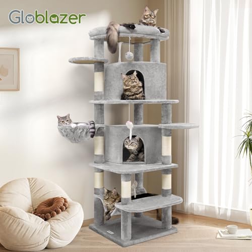 Globlazer Corner Cat Tree for Large Cats, 66inch Tall Curved Series Large Cat Tower for Multiple Indoor Cats with 6 Scratching Posts, 2 Spacious Cat Condos, Hammock, Hanging Basket, C66, Beige