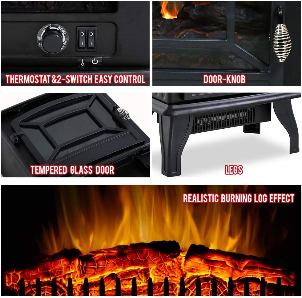 Electric Fireplace Heater 20" Freestanding Fireplace Stove Portable Space Heater with Thermostat for Home Office Realistic Log Flame Effect 1500W CSA Approved Safety 20" Wx17 Hx10 D,Black Pack of 2