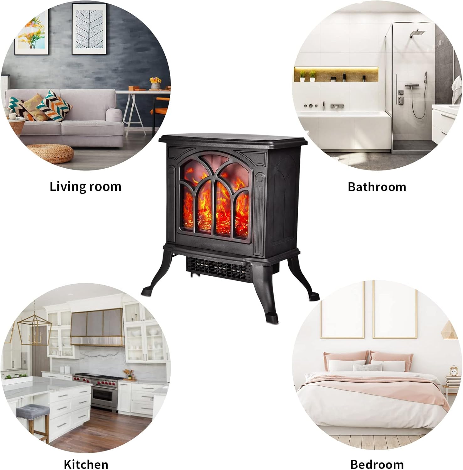 Freestanding Electric Fireplace Heater, 3D Realistic Flame Effect and Overheating Safety Design 800/1500w, Black Faux Space Heater Fireplace Stove for Indoor Use