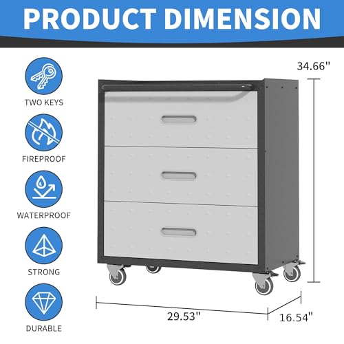 Metal Storage Cabinet with Wheels, Lockable Garage Cabinet with Doors and Shelves, Rolling Tool Storage, Assembly Required, Black