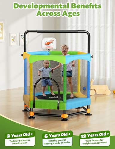 60" Trampoline for Kids, Twinkoo 5FT Fortified Toddler Trampolines with Anti-Rollover Bottom, Indoor/Outdoor Toddler Trampoline with Safety Enclosure, Adjustable Gymnastics Bars, Basketball Hoop