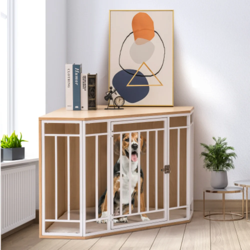 Corner Dog Crate with Cushion, Dog Kennel with Wood and Mesh, Doghouse, Pet Crate Indoor Use