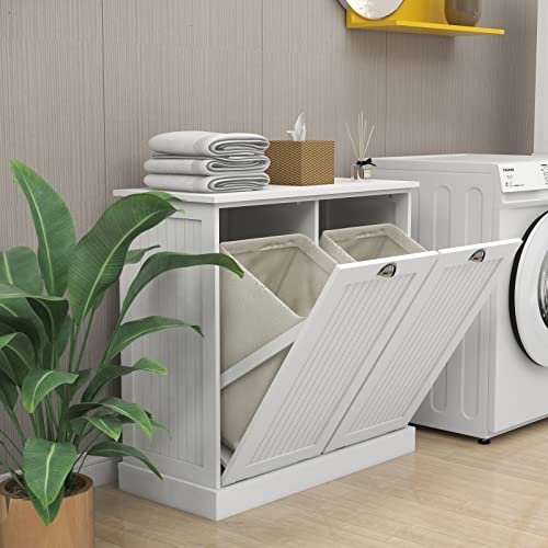 Double Tilt Out Trash Cabinet Laundry Sorter Cabinet Free Standing Laundry Cabinets and Storage Dog Proof Recycling Cabinet Kitchen Island with Garbage Bin (White)