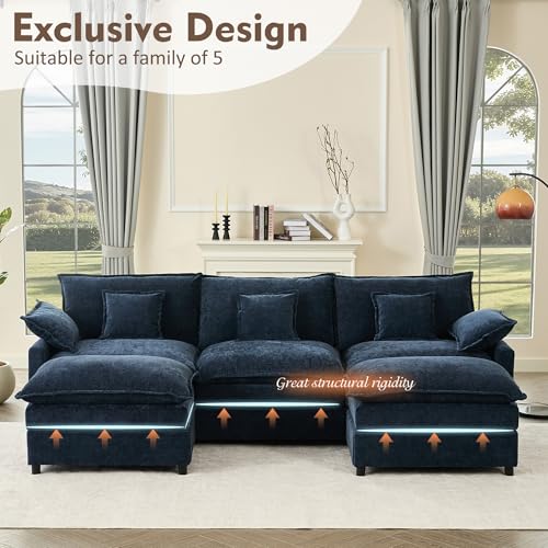 108" U Shaped Couch, Modular Sectional Sofa, 3-Seater Comfy Cloud Couch with Movable Ottoman, Deep Seat Couches for Living Room, Chenille, Black
