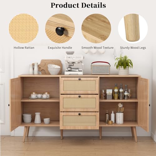 Rattan Sideboard Buffet Cabinet Boho Rattan Storage Cabinet with 2 Doors and 3 Drawers Accent Cupboard Console Table with Adjustable Shelves for Dining Living Room Kitchen