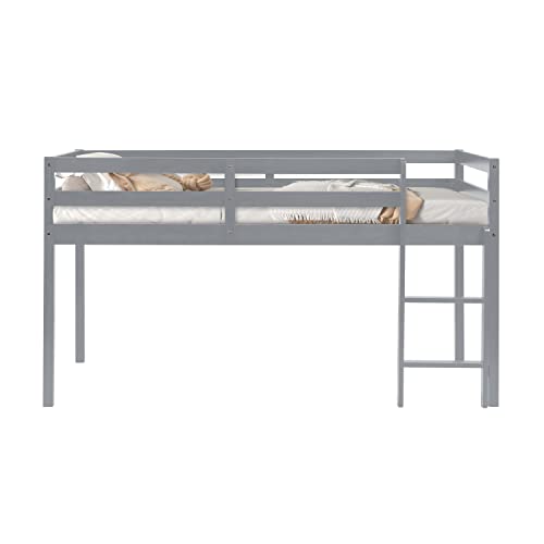 Tmosi Low Loft Bed Twin,Solid Wood Kids Twin Bed Frame with Ladders and Guard Rails,Space Saving Twin Size Loft Bed for Girl Boy,No Box Spring Needed,Easy to Assembly (Built-in Ladder-Grey)