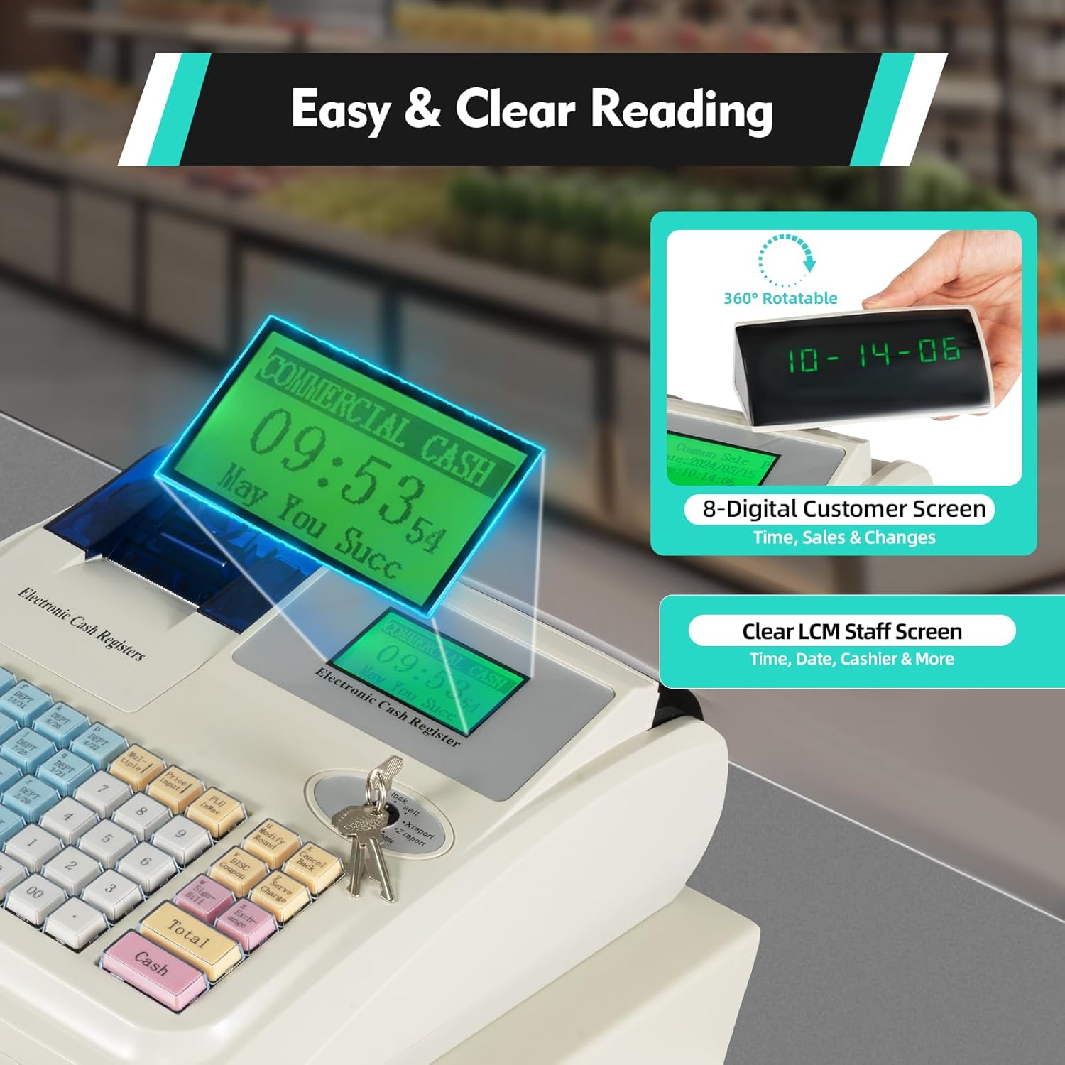 Cash Register, Small Business Electronic Cash Register 48 Keyboards Multifunctional Cash Register with Quick Load Thermal Printer, Cash Management System with Cash and Coin Drawer