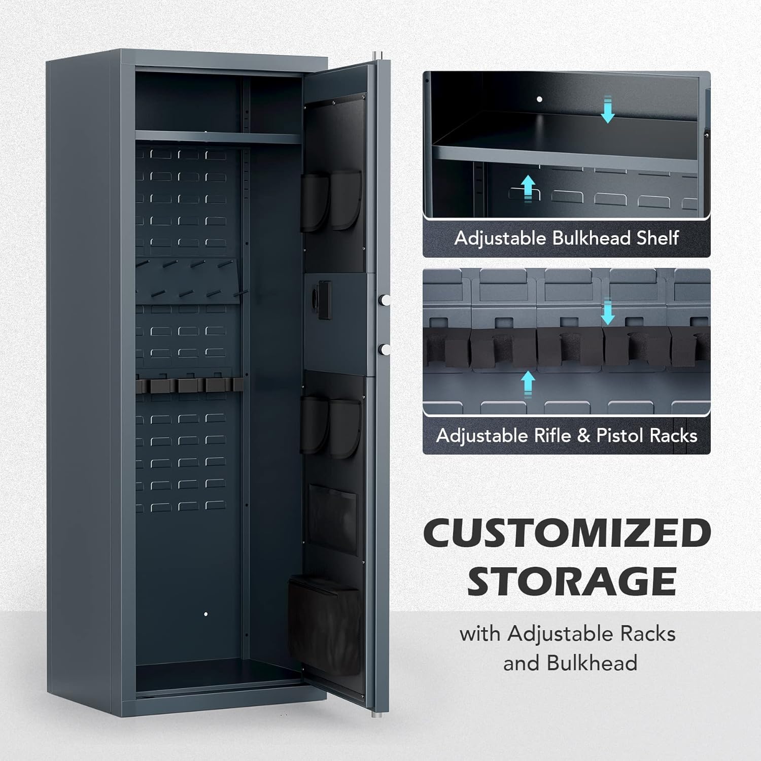 HIRAM Large Gun Safe for Home Rifle and Pistols, Biometric Gun Safe Cabinet with Fingerprint Keypad Locks Adjustable Racks Shelf Alarm, Assemble Case for 6 Long Guns 12 Handguns Shotguns, 56*20*15 In