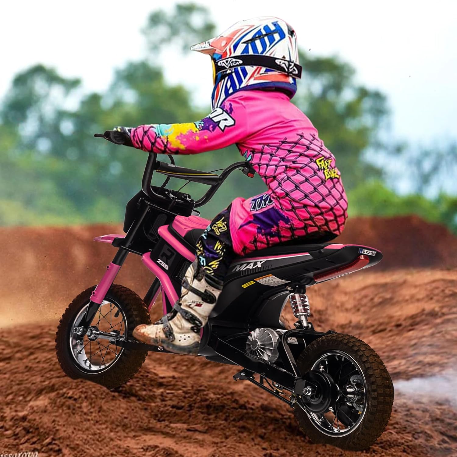 24V Ride On Motorcycle Dirt Bike, Dirt Rocket Electric-Powered Dirt Bike with Authentic Motocross Dirt Bike Geometry, Rear-Wheel Drive, High-Torque, Chain-Driven Motor, for Kids 13+ (Pink)