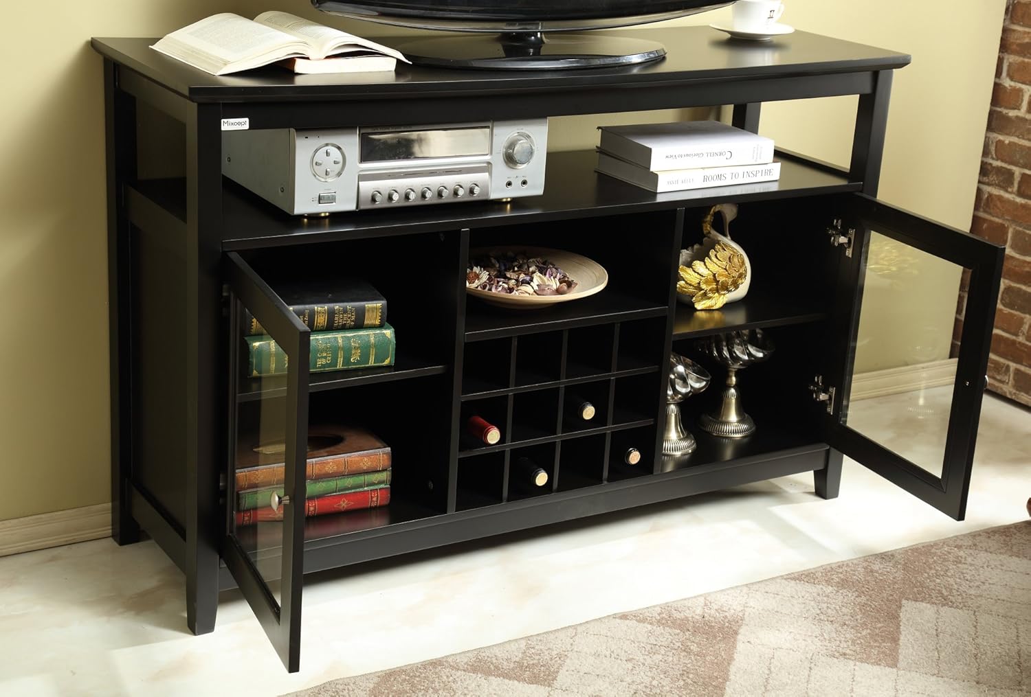 52" Concise Wooden Sideboard with Wine Rack, Liquor Cabinet Buffet Table Tall Console Dining Server Storage Cabinet, Coffee Bar Cabinet with Adjustable Shelves, Painted Finish, Black