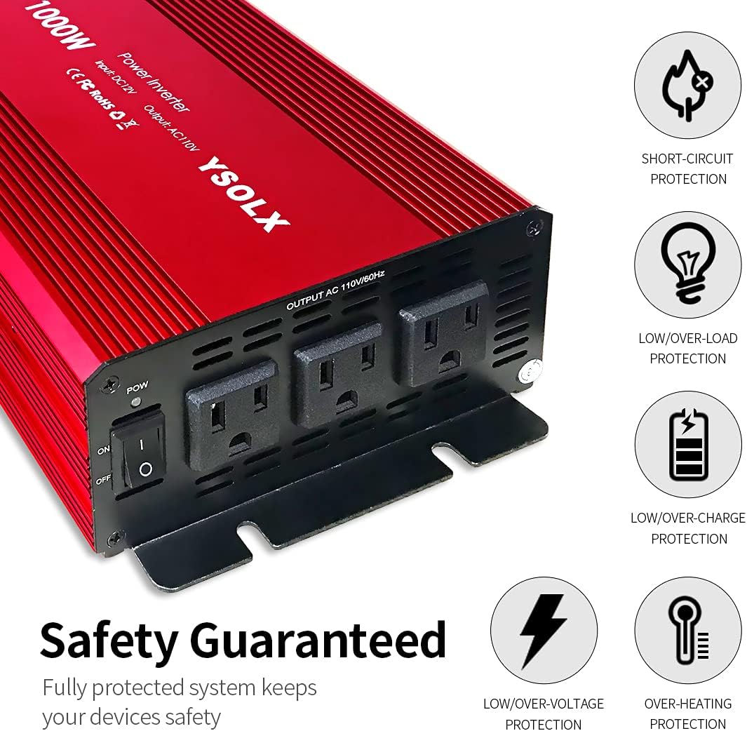 Power Inverter 12v to 110v, Dc to Ac Converter with 3 AC Outlets, 1000 watt Inverter for Car/RV/Home