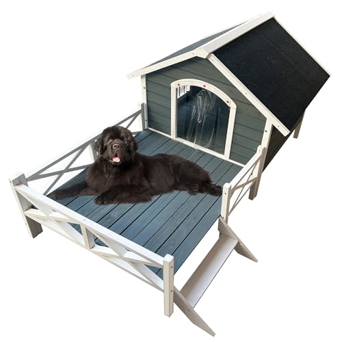 Large Wooden Dog House Outdoor with Porch, 67'' Outside Dog Kennel with Weather-Resistance Roof and PVC Curtain, Wood Pet House Used Indoor Outdoor for Small Medium Dogs Cats Pets