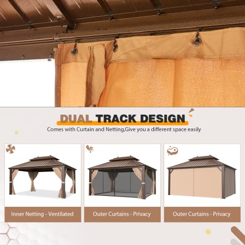 EROMMY 14'x20' Hardtop Gazebo Double Roof Galvanized Steel Canopy Outdoor Aluminum Frame Permanent Metal Pavilion with Netting and Curtains for Patio Backyard Deck and Lawns