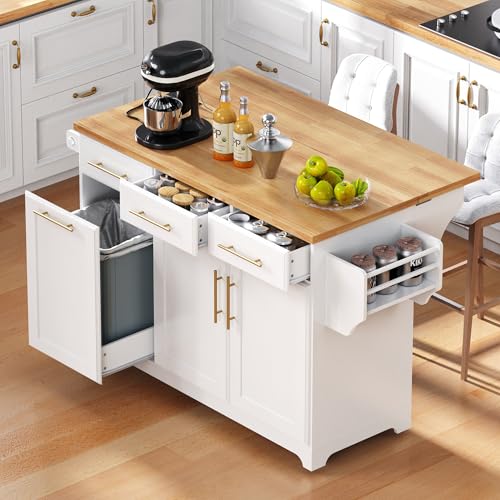 Rolling Kitchen Island with Drop Leaf & 2 Pull Out Cabinet Organizers,59.3" Stationary Kitchen Cart with Trash Can Storage,Power Outlet,Spice & Towel Rack,3 Drawers Island Table for Kitchen,White