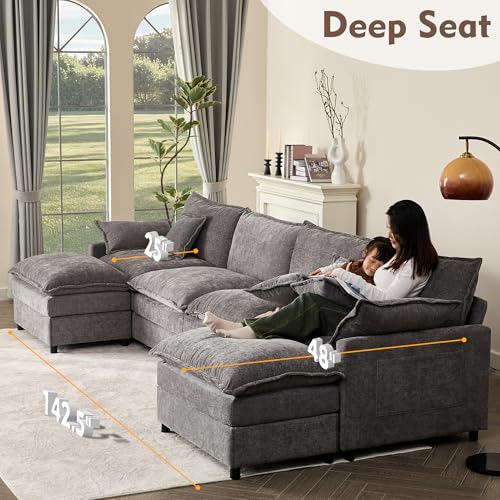 108" U Shaped Couch, Modular Sectional Sofa, 3-Seater Comfy Cloud Couch with Movable Ottoman, Deep Seat Couches for Living Room, Chenille, Black