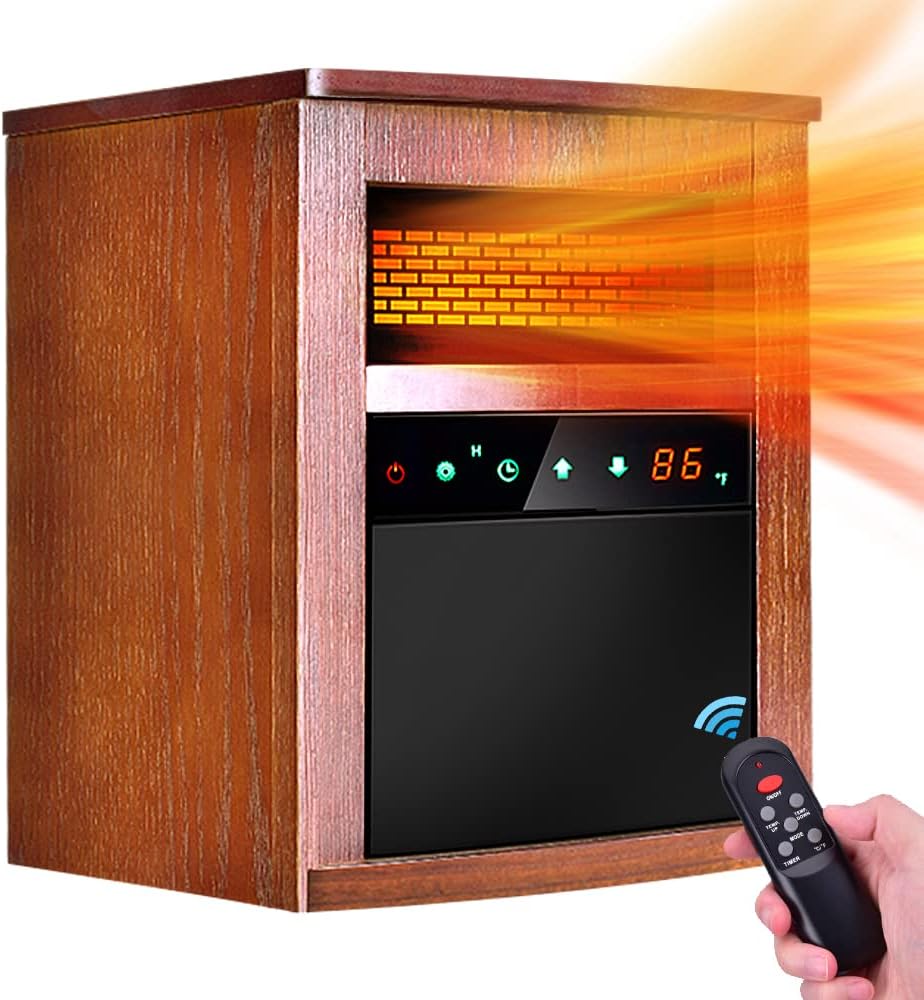 Electric Space Heater, 1500W Infrared Heater with 3 Heat Modes, Remote Control and 12 hours Timer, Space Heater for Large Room with Overheat and Tip-Over Shut Off Protection, Wood Cabinet Space Heater��Dark walnut