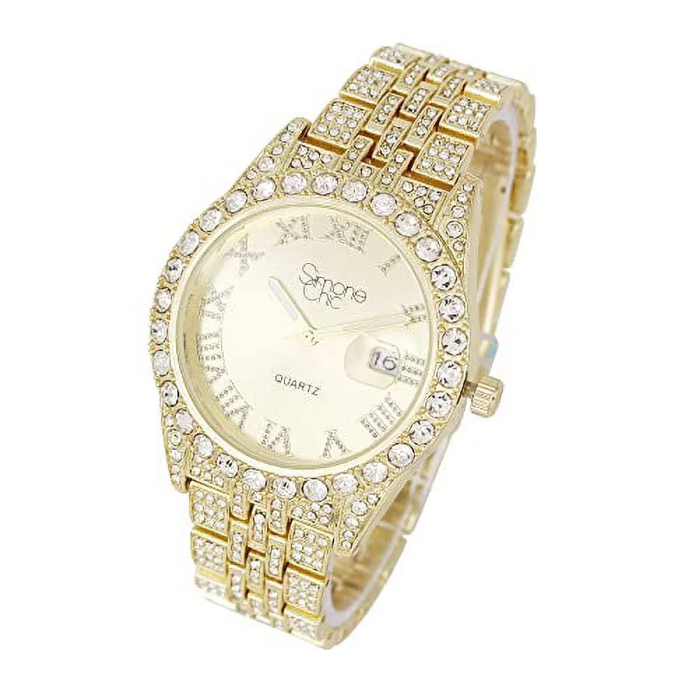 Simone Chic Fully Iced Out Diamond Watch for Women's w/Roman Numerals Easy Read Date and Colorful Dials- Designer Hip Hop Blinged Out Timepiece - ST10226RND-LA (ST10226RND-LA GLD)