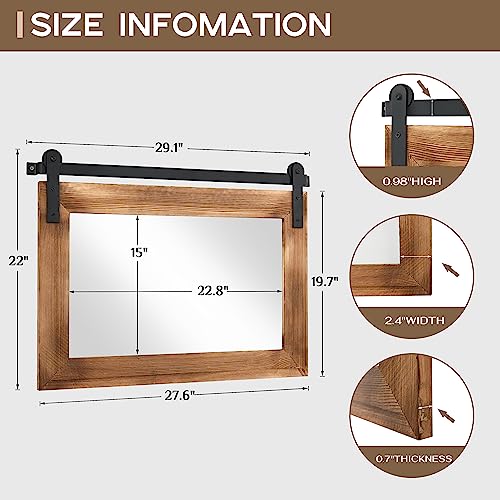 Farmhouse Barn Door Mirror - 41" x 26" Rustic Wood Framed Wall Mirror for Bathroom, Living Room, Bedroom Wall Decor (Brown)