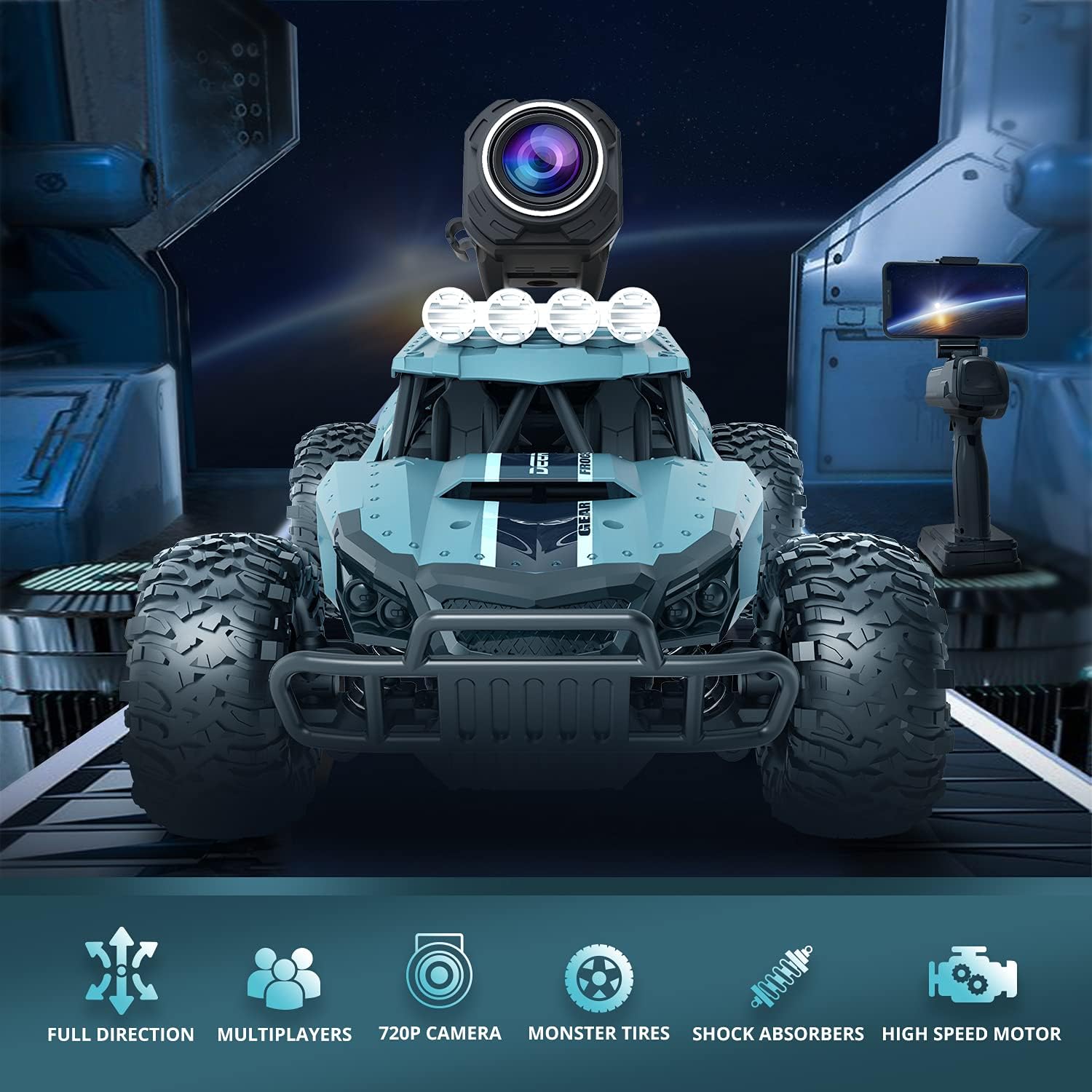 DEERC RC Cars DE36W Remote Control Car with 720P HD FPV Camera, 1/16 Scale Off-Road Remote Control Truck, High Speed Monster Trucks for Kids Adults 2 Batteries for 60 Min Play, Gift for Boys and Girls