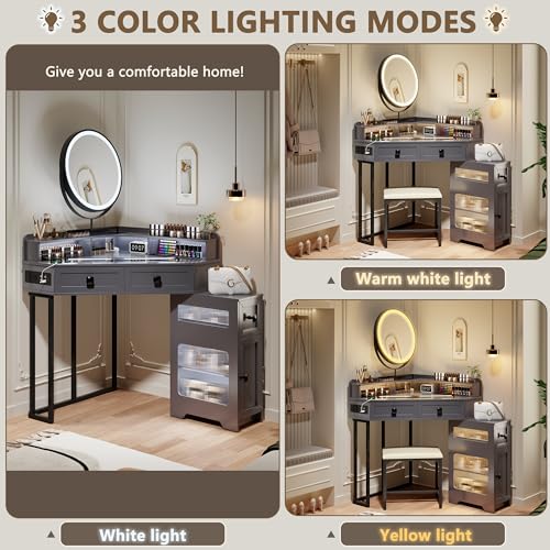 Corner Vanity with Mirror and Lights,Modern Makeup Vanity Set with Charging Station for Bedroom/Cloakroom,Glass Top Vanity Table with Drawers and Shelves,White