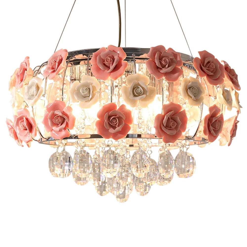 Ceiling Light Romantic Pink Rose Flower Chandelier Crystal Pendant Lamp E12/E14 for Bedroom, Dining Room or Living Room Adjustable Ceiling Lamp/Pendant Lamp