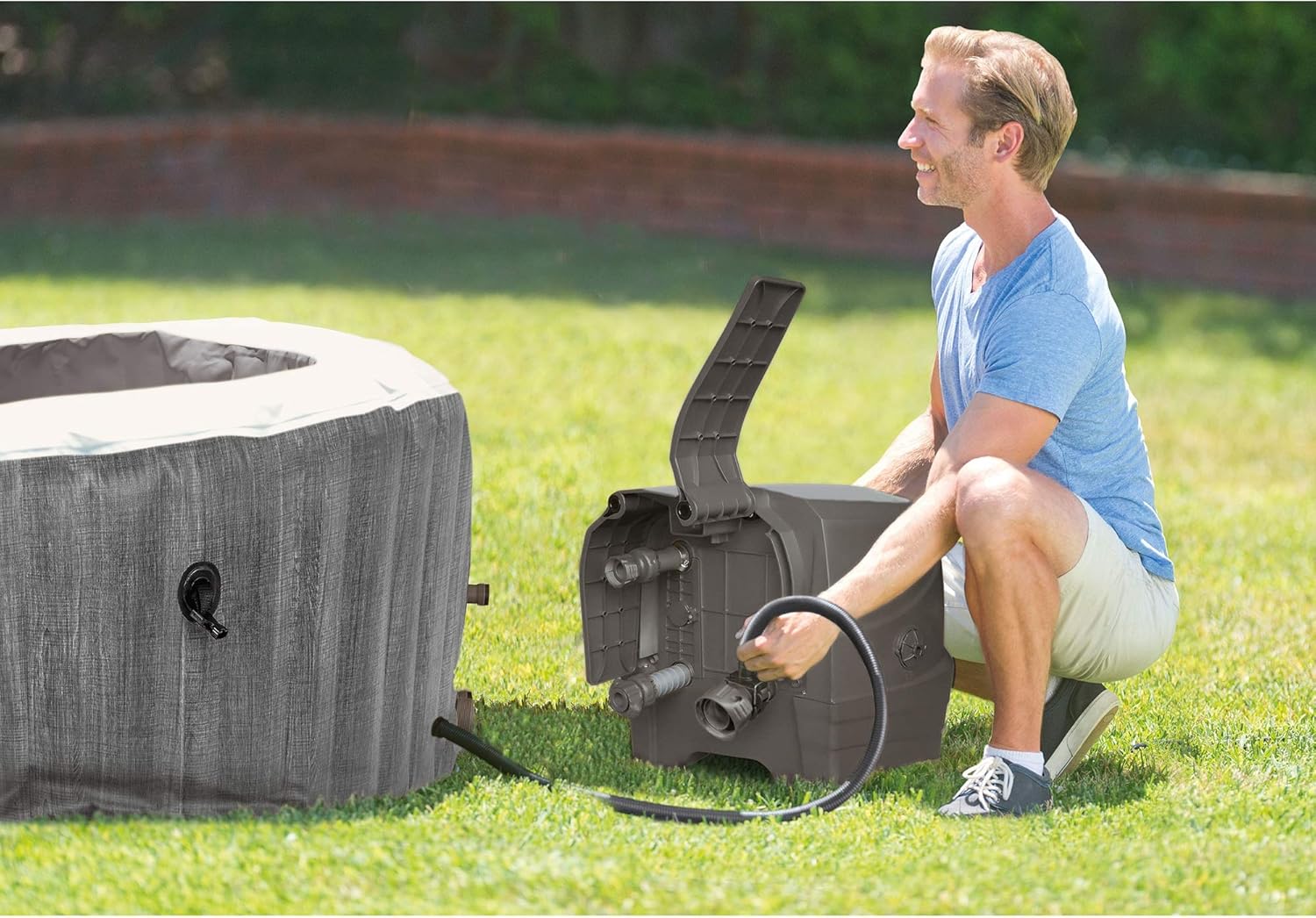 Intex Greywood Deluxe 4 Person Outdoor Portable Inflatable Hot Tub Spa with Multi-Color LED Light, Foam Headrests, and 140 Soothing Bubble Jets, Gray