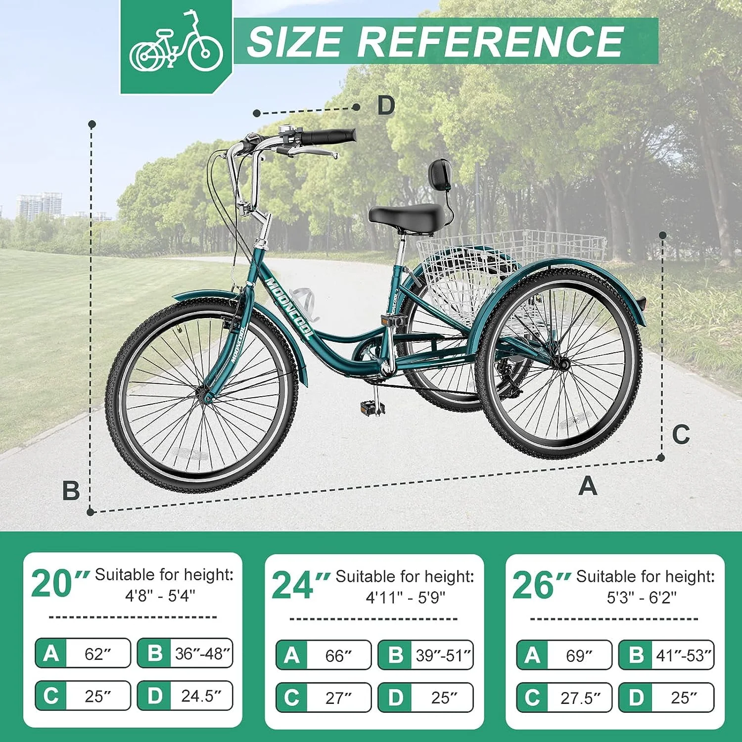 FICISOG 26 Adult Tricycle, 3 Wheel 7 Speed Bikes,450lbs Capacity Cruise Trike with Shopping Basket