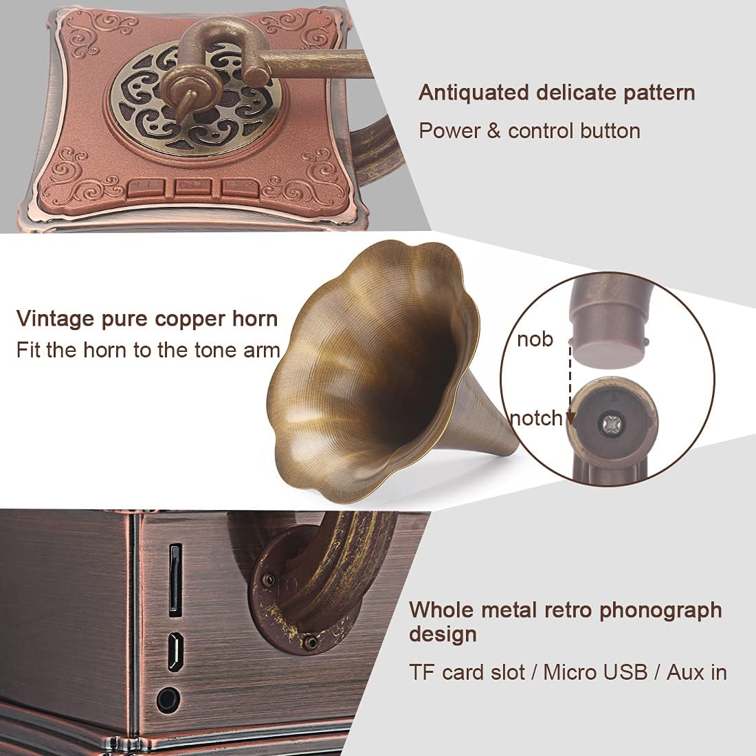 MEAGEAL Mini Retro Bluetooth Speaker, Vintage Metallic Gramophone Shape USB Wireless Speaker Phonograph Shape with Stereo Sound, Copper Horn,Aluminum Body,3.5mm Aux,TF Card…
