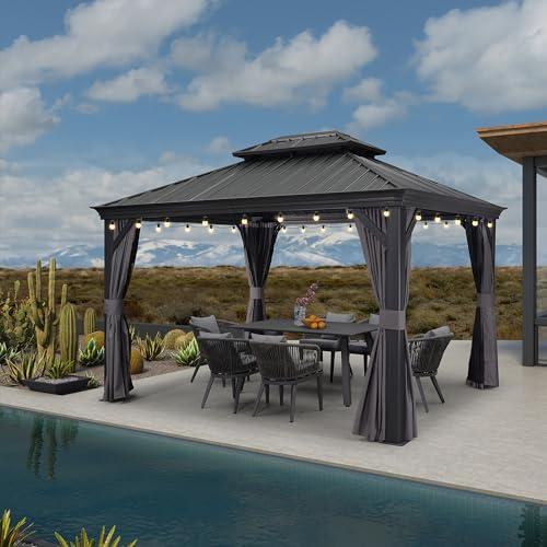 PURPLE LEAF 10' X 14' Permanent Hardtop Gazebo Aluminum Gazebo with Galvanized Steel Double Roof for Patio Lawn and Garden, Curtains and Netting Included, Grey