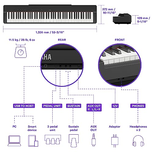 Yamaha 88-Key Weighted Portable Digital Piano Keyboard with Music Rest, Sustain Foot Switch, Built-in Speakers, USB Connectivity, Black (P45B)