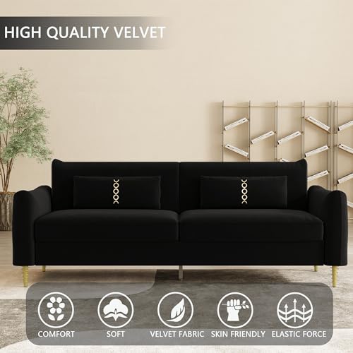 85 in 3-Seat Couch Velvet Couch, Mid Century Modern Couch Love Seats with Solid Wood Frame & 2 Same Color Pillows & Gold Couch Legs, Velvet Sofa Comfy Couch for Large Living Room Space（P16-White）