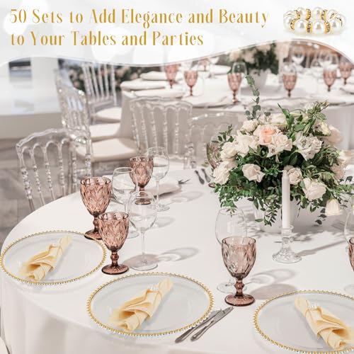 Tioncy 100 Pcs Clear Charger Plates Bulk Beaded Charger Plates and Napkin Rings 13 Inch Plastic Round Chargers for Dinner Plates Wedding Party Event Table Decoration(Gold)