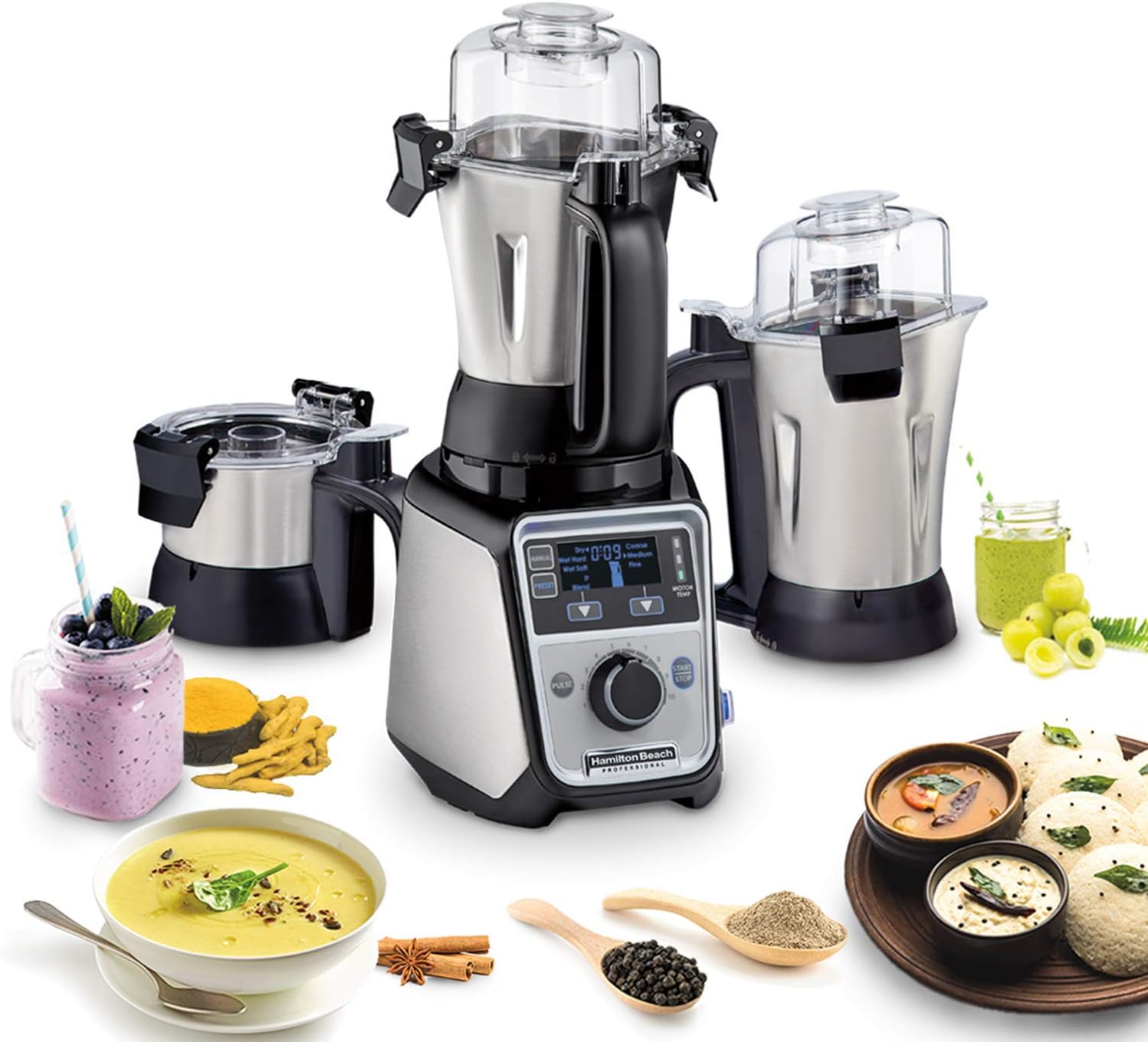 Hamilton Beach Professional 4-in-1 Juicer Mixer Grinder, Commercial-Grade 1400 Watt Motor, 120V, 3 Leakproof Jars, For Wet and Dry Spices, Chutneys and Curries, Engineered in India & USA (58770)