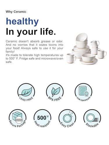 LE TAUCI Dinnerware Sets 16 Piece, Stoneware Plates and Bowls Set, House Warming Wedding Present, Serve for 4 (10" Dinner Plates + 8" Salad Dish + 28 oz Cereal Bowl+12oz coffee mugs) x 4, Arctic White