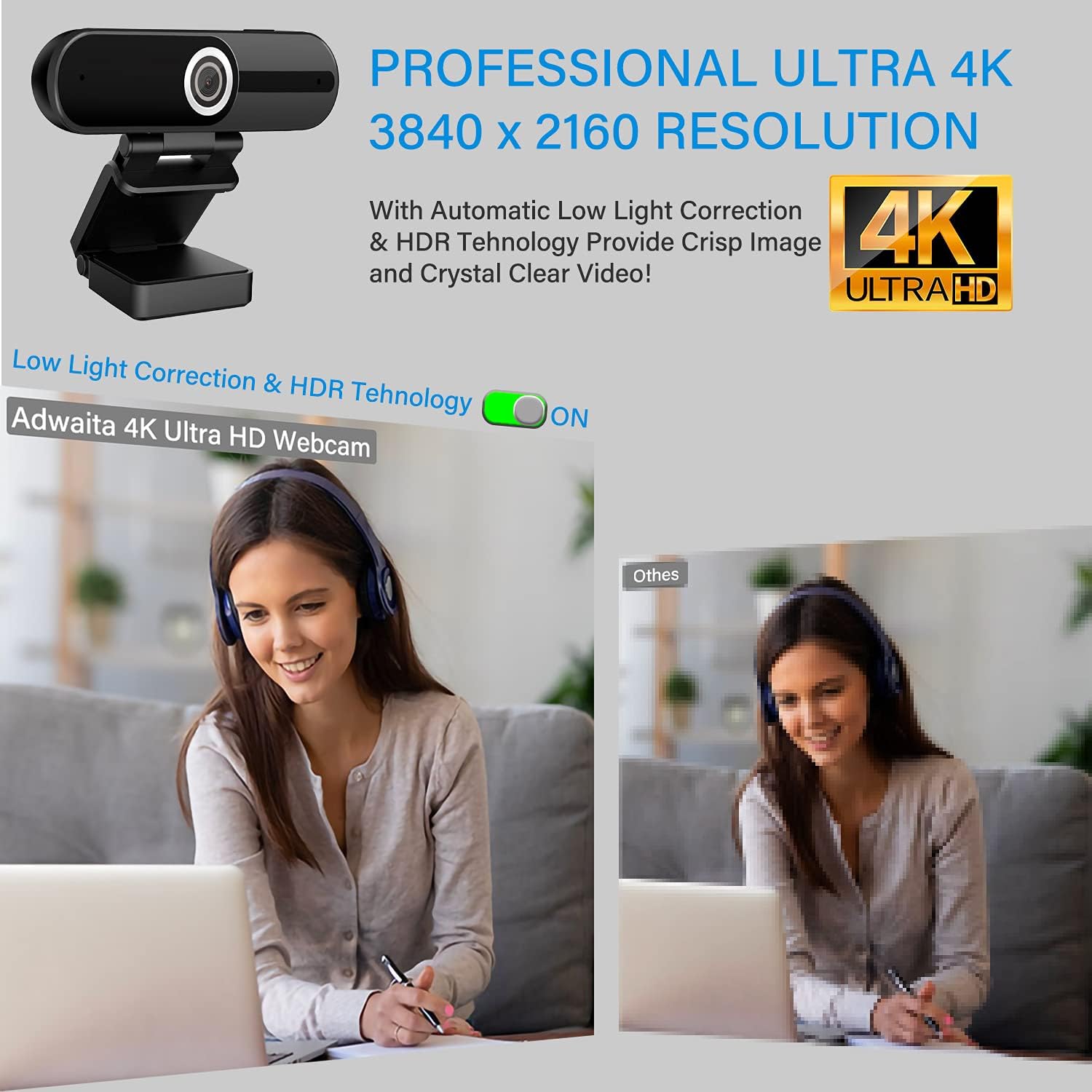 4K Webcam with Microphone Computer Camera 8MP USB Webcam 1080P for Video Calling, Conference, Streaming, Webcam with Privacy Cover and Mini Tripod,4K Resolution Ultra HD Web Cam with Microphone Pack of 2