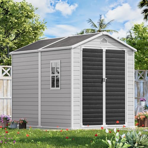 Outdoor Resin Storage Shed with Floor Included 5x3 FT, Waterproof Outside Sheds with Window Lockable Door, Plastic Sheds for Backyard Garden Patio Lawn Tools, Gray