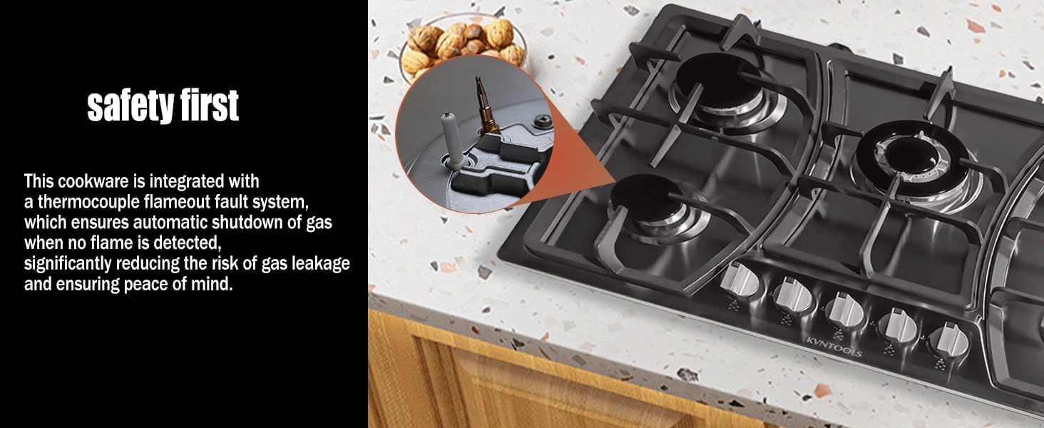 Gas Cooktop 30 Inch, Built In Gas Rangetop with 5 High Efficiency Burners, NG/LPG Convertible Stainless Steel Gas Stove Top with Thermocouple Protection, 110V AC(Default NG nozzle)