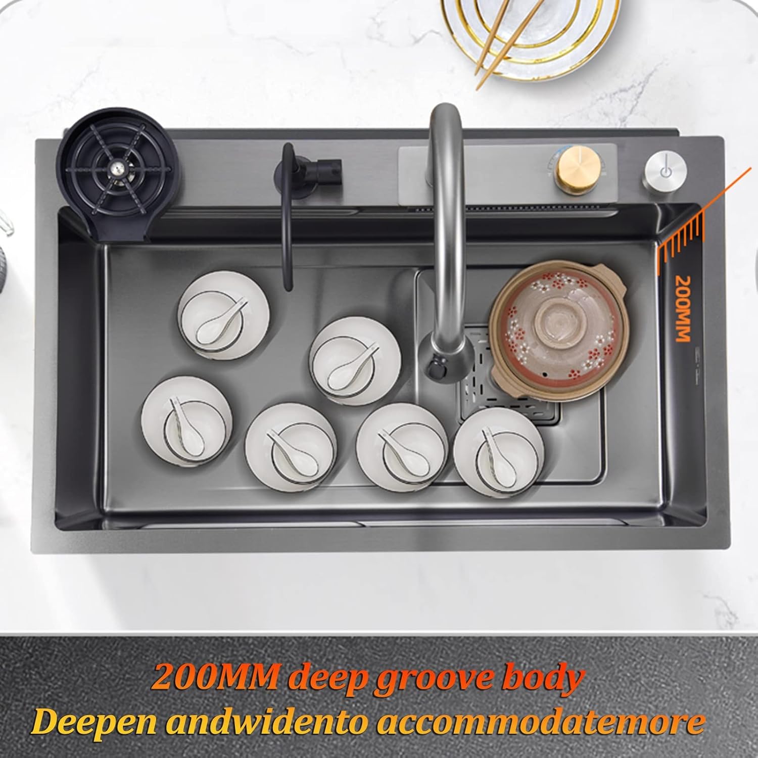 Kitchen Sink,New Stainless Steel Waterfall Sink,Bar Sink, 304 Stainless Steel Sink, with Cup Washer Sinks, Drop-in Or Undermount Installation (Black Grey)