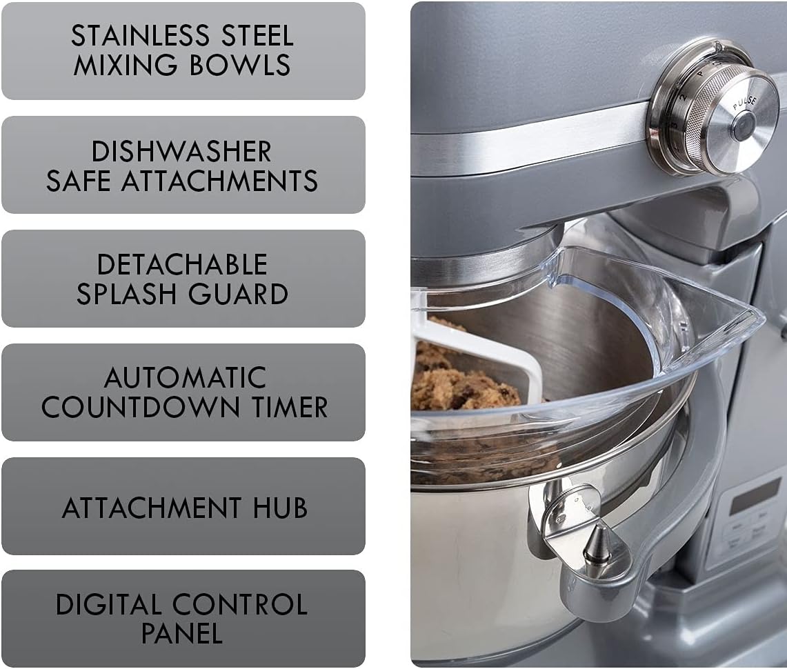 Kenmore Elite Heavy-Duty 6 Qt Bowl-Lift Stand Mixer, 600 Watts, with Flat Beater, Wire Whisk, Dough Hook, Stainless Steel Bowls, LED Light, Digital Countdown Timer, Metallic Grey