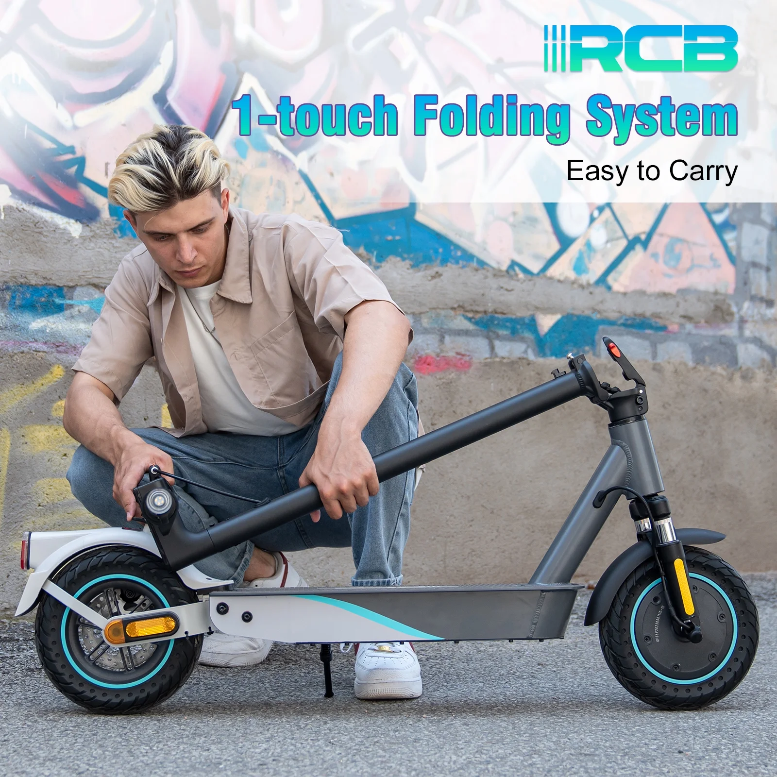RCB Electric Scooter with 10 Solid Tires, 500W Motor up to 19mph and 22 miles Range, Folding Electric Scooter for Adults, Gray