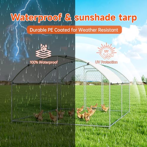 Large Metal Chicken Coop, Chicken Run Poultry Cage Hen with Water-Resident and Anti-UV Cover for Duck Rabbit House Outdoor Walk-in Chicken Pen for Yard, Dome Roof(10’ W x 19.7’ L x 6.4’ H)