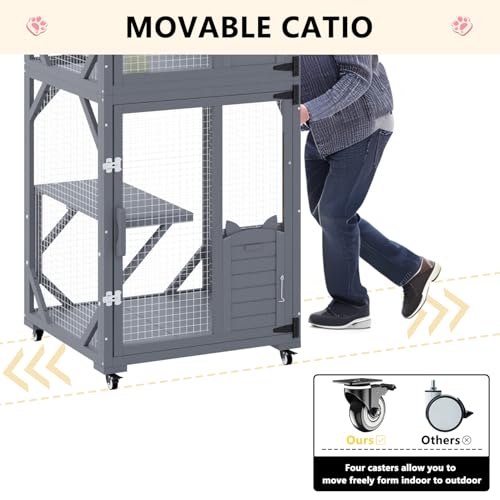 LEMBERI Cat House Outdoor Catio Cat Enclosures on Wheels, 71" Large Outside Patio Wooden Cat Cage Resting Box,Scratching Post, Waterproof Roof (Gray, 71")