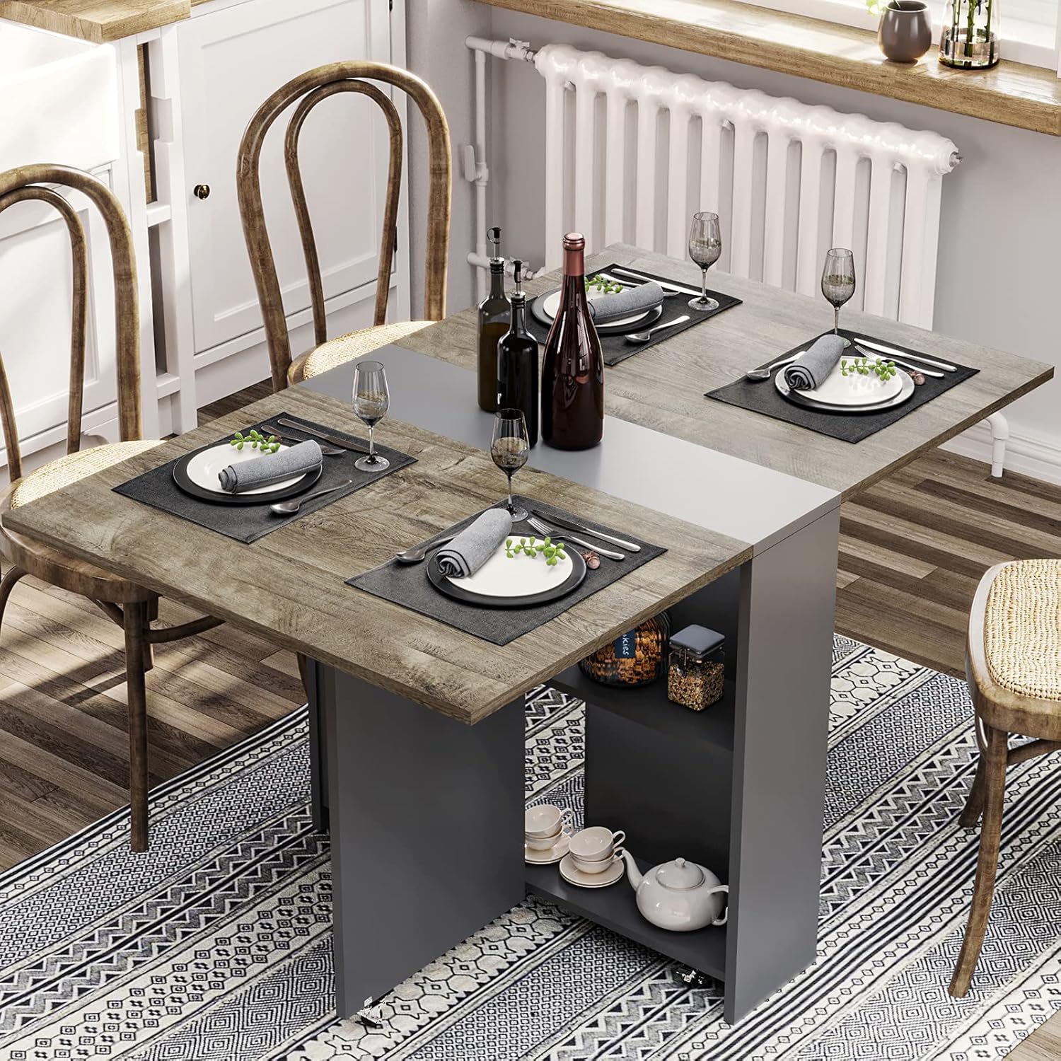Folding Dinner Table with 6 Casters, Drop Leaf Dining Table with Storage Shelves, Folding Kitchen Table for Small Apartments, Pear Wood Color and White