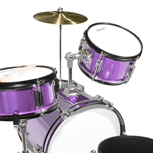 Mendini By Cecilio Kids Drum Set, 3 Piece Junior Drum Set for Beginners with Bass Tom Snare Drum, 16 inch Drum Kit with Snare, Cymbal, Drumsticks, Adjustable Seat (Metallic Red)