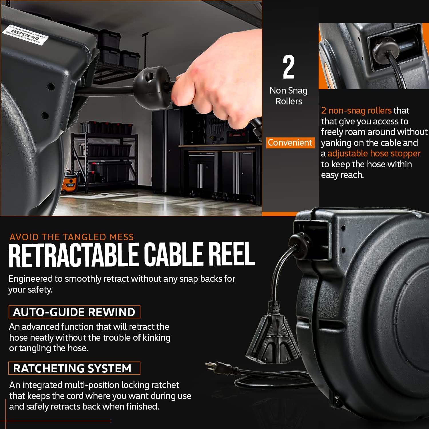 SuperHandy Extension Cord Reel Retractable 12AWG x 75' Feet Commercial Premium Flexible 3C/SJTOW Cable with Triple Tap Connector