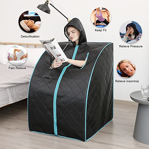Smartmak Far Infrared Sauna, Full Body One Person Portable SPA Set with Time & Tempreture Remote Control, Heating Foot Pad and Foldable Reinforced Chair (L 27.6’’ x W 31.5’’ x H 37.8’’)- Blue Border